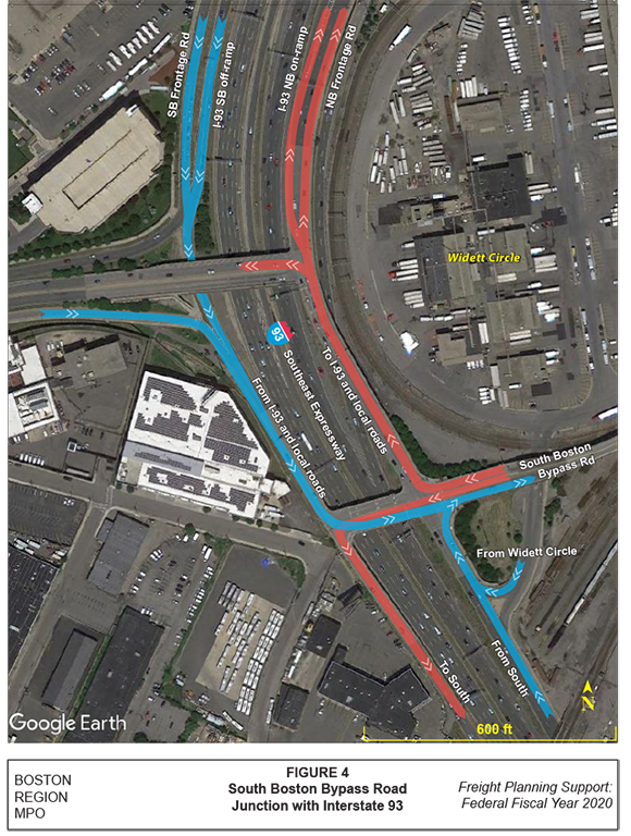 This image is a close-up of the part of the South Bay industrial area where South Boston Bypass Road meets Interstate 93. Important traffic flow paths mentioned in this study are highlighted.